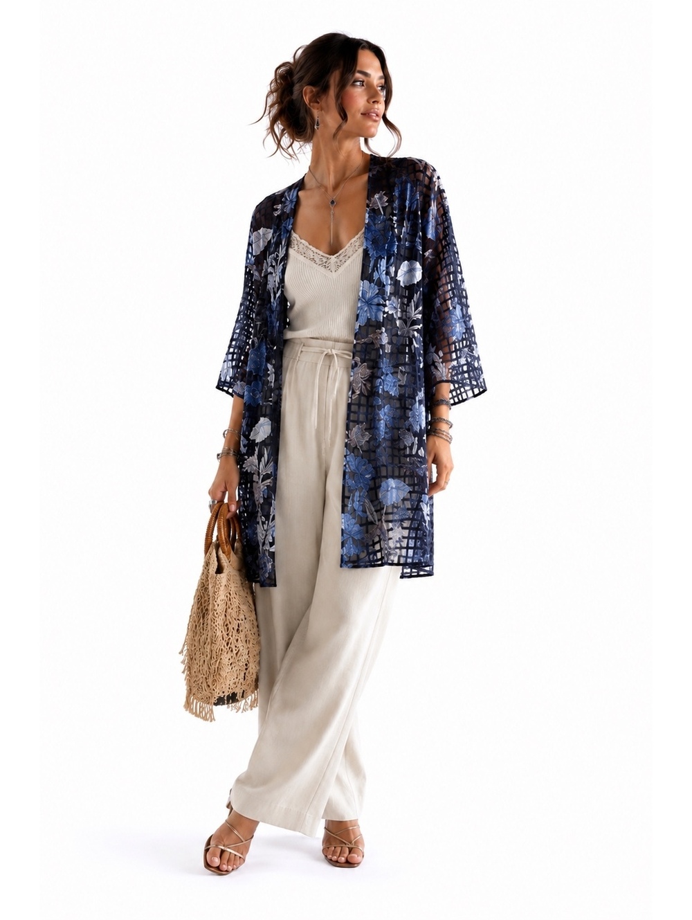 Sheer Burnout Floral Duster Kimono Open Front Lightweight Boho Artsy Layering